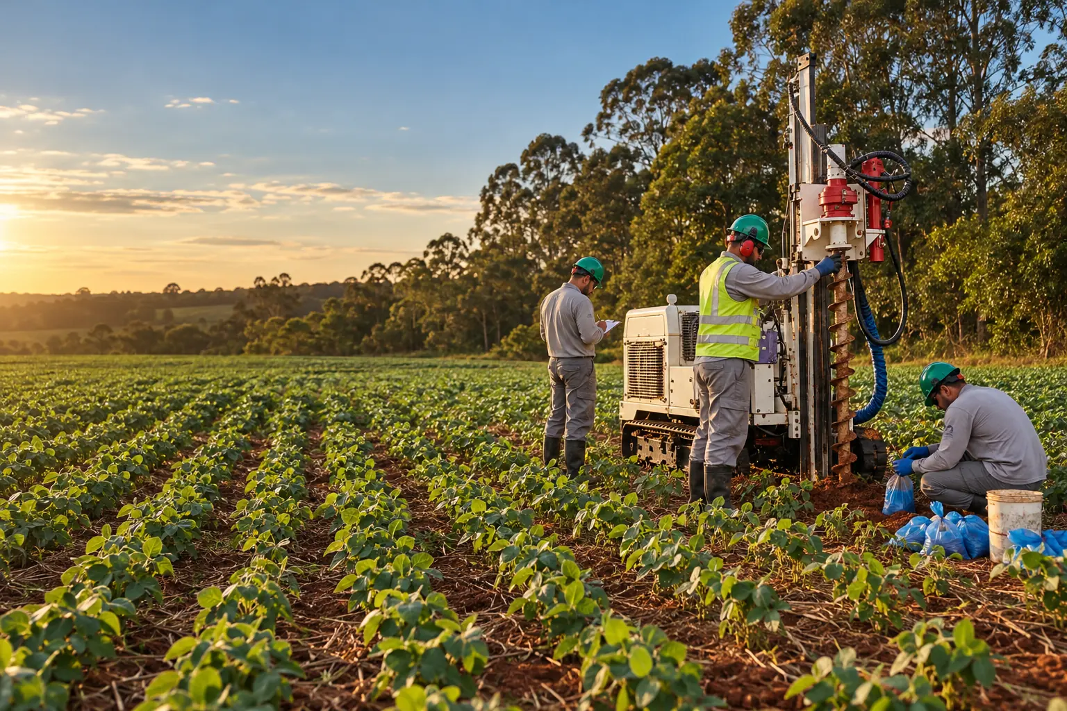 Equipe da GeoTerragua fazendo sondagem ambiental em área agrícola