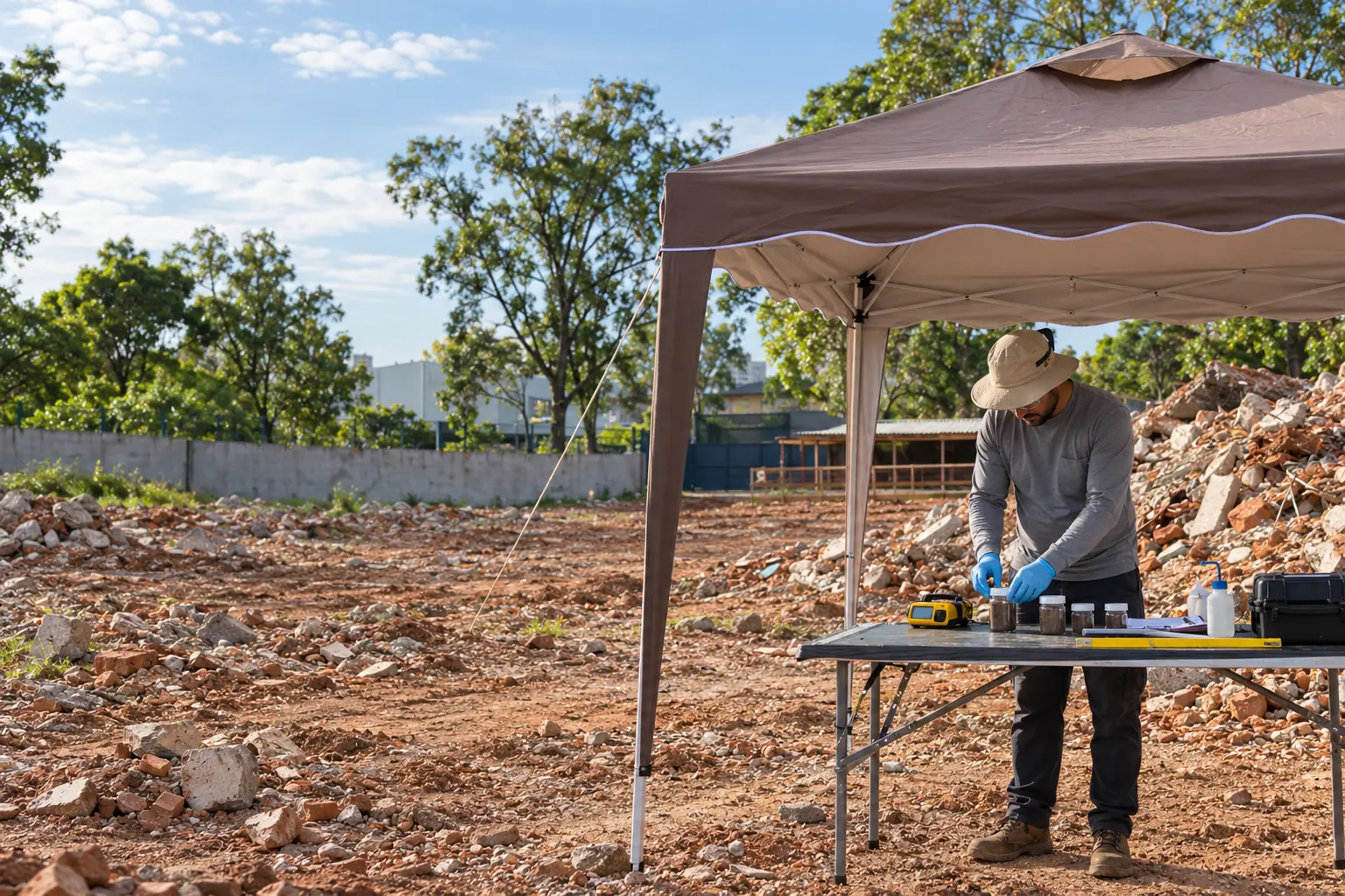 Técnico da GeoTerragua organizando amostras em área de demolição