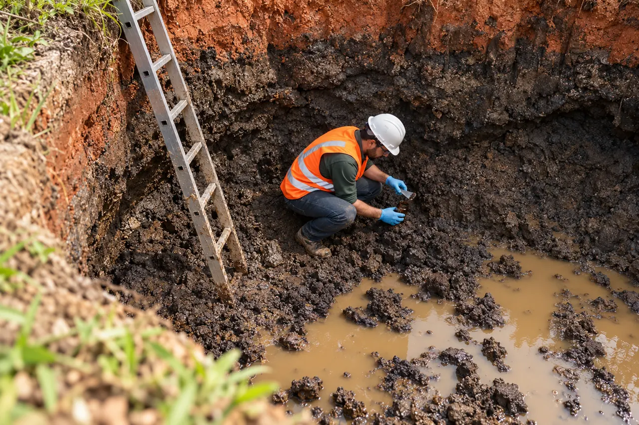 Técnico coletando amostra de solo dentro de uma cava
