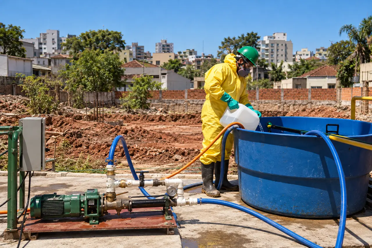 Técnico com roupa de proteção em coleta de água subterrânea